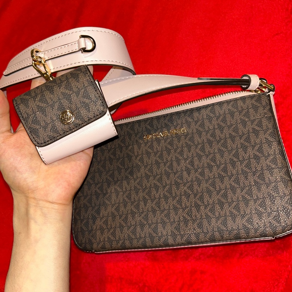 Michael Kors Brown Logo Crossbody with powder Pink Strap and Pouch